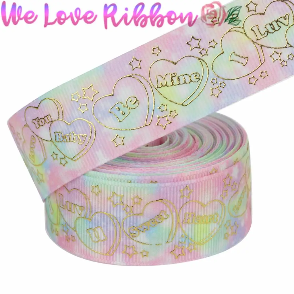 1&quot25mm Sweet Heart &quotBaby&quot Gold Foil Colorful Galxy Printed Grosgrain Ribbon DIY Hair Band Gift Bowknots Making 10yards/roll | Дом и