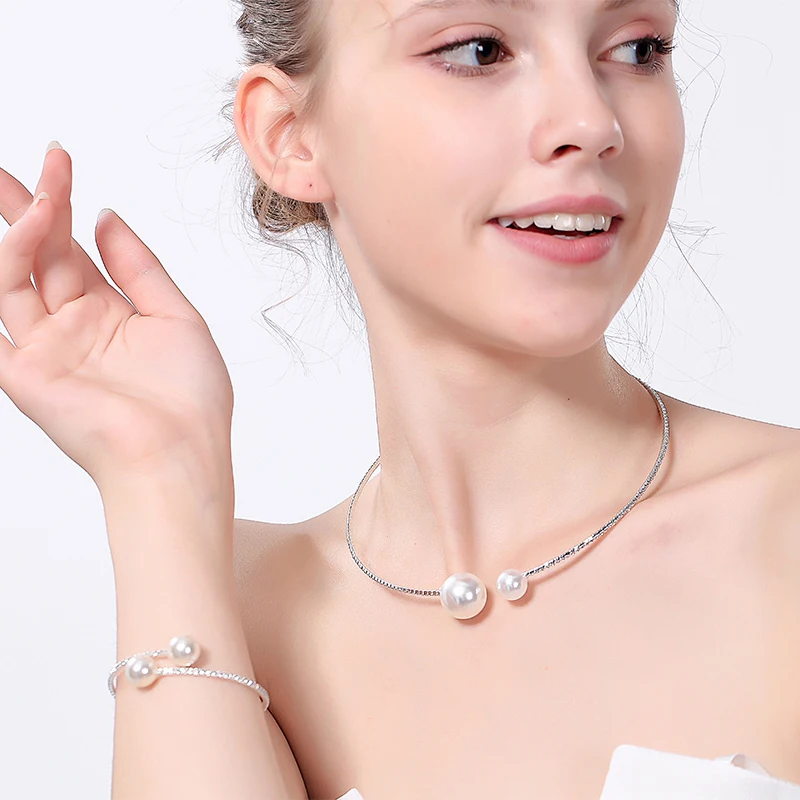 Elegant Crystal Imitation Pearl Open Bracelets for Women Gold Silver Plated Cuff Bangles necklace set Pulseras Mujer Jewelry 2