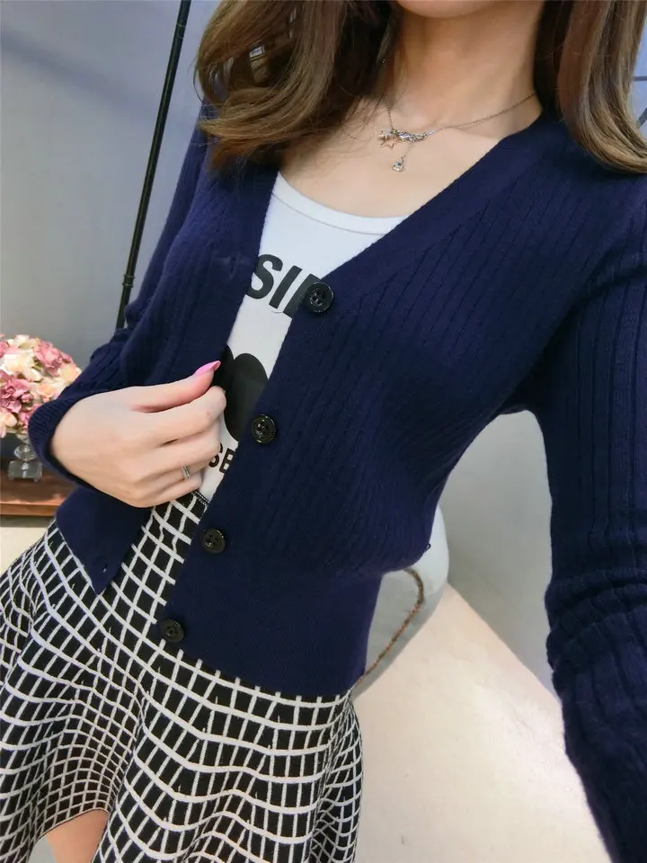 Модный тонкий кашемировый вязаный короткий свитер, женский Кардиган с длинным рукавом и v-образным вырезом, однобортный Однотонный свитер
