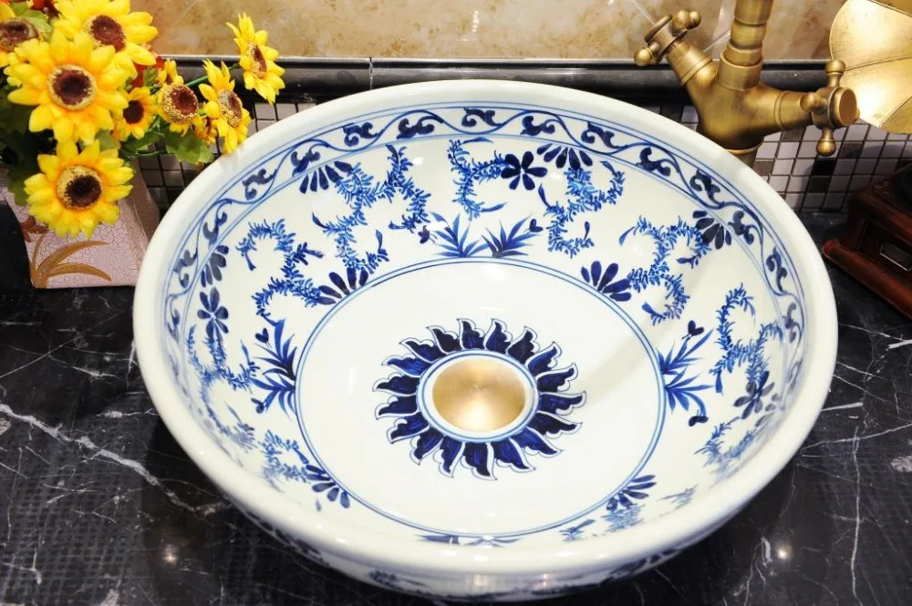 Bthroom Counter Top Wash Basin Cloakroom Hand Painted Vessel Sink bathroom sinks Blue and white bathroom wash hand basin (3)