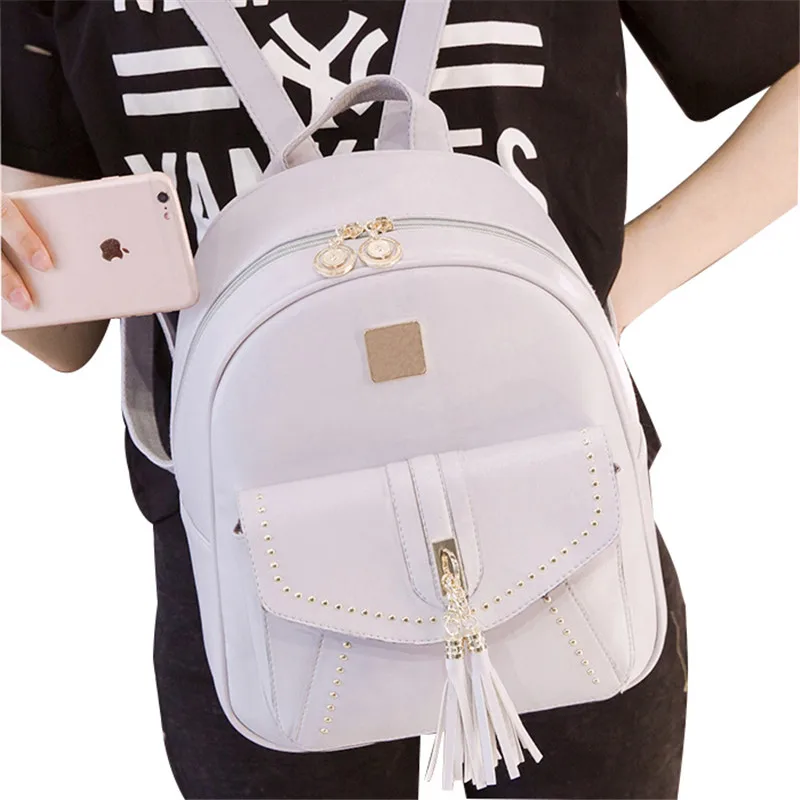 Women Small Preppy Style School Backpack Black Rivet Simple Double Zip