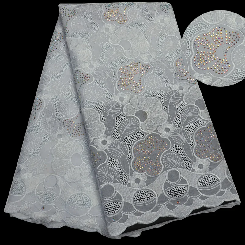 

(5yards/pc) high quality white African cotton lace fabric 2018 Swiss voile lace fabric with stones embroidery for party CLP184