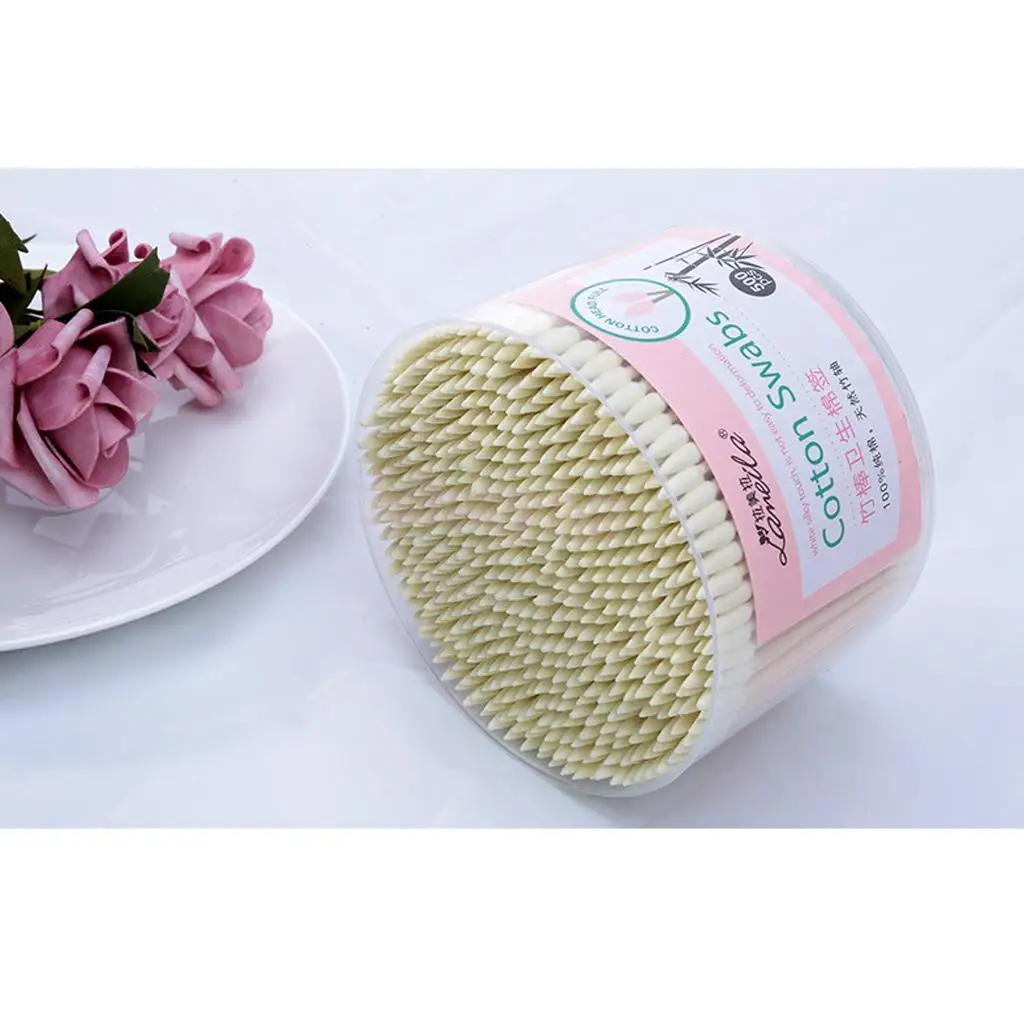 500 Pcs/Box Double Head  /Pointed Tips Makeup Cotton Swab Buds Ear Cleaning Tool Sturdy Wooden Handle