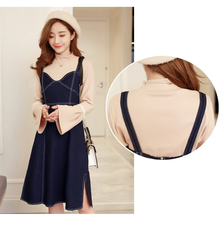 Wholesale spring postpartum women denim breastfeeding dress suits long flare sleeve nursing tees+strap denim dress twinset