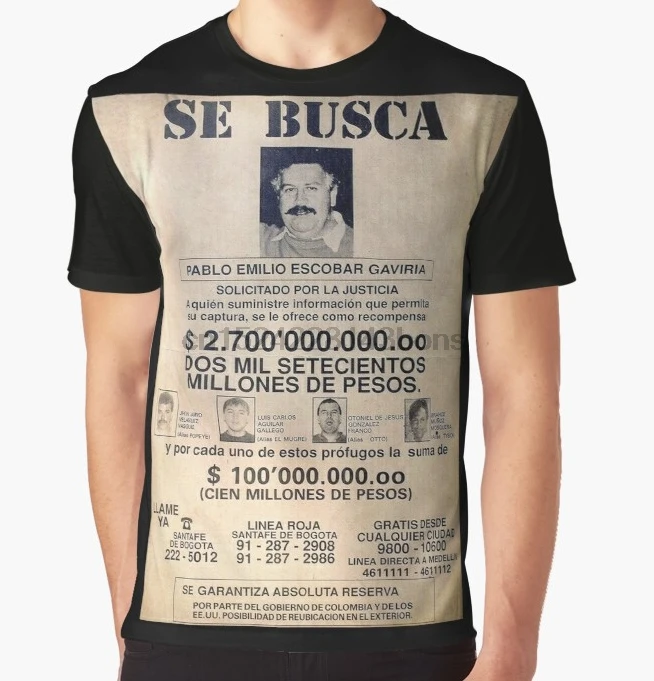 

All Over Print T-Shirt Men Funy tshirt Pablo Escobar wanted poster Short Sleeve O-Neck Graphic Tops Tee women t shirt