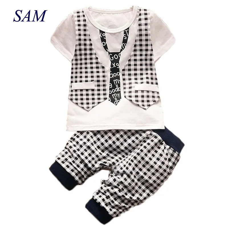 

2019 Summer baby boys clothing set toddler children sport suit set 2Pcs lattice gentleman tracksuit kids Boys Summer Set
