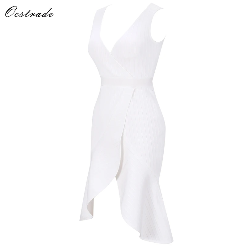 Bandage Sans Robe De V Blanc Sw034 Cours Haute Ocstrade Cou Manches Dépouillé Genou white Qualité Festonnée f17BnaWwnO