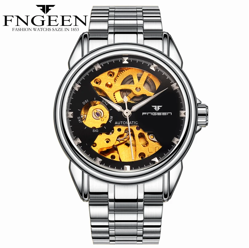 

Wristwatch Mens Automatic FNGEEN Luxury Brand Quality Design Mechanical Gold Movement Stainless Steel Solid Band Clock