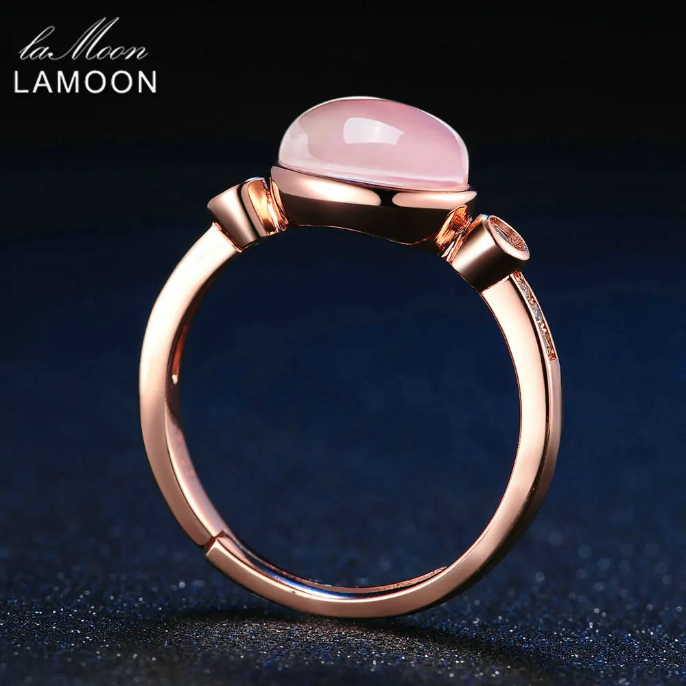 LAMOON 6x8mm 100% Natural Oval Pink Rose Quartz Ring 925 Sterling Silver Jewelry Rose Gold Romantic Wedding Band LMRI014