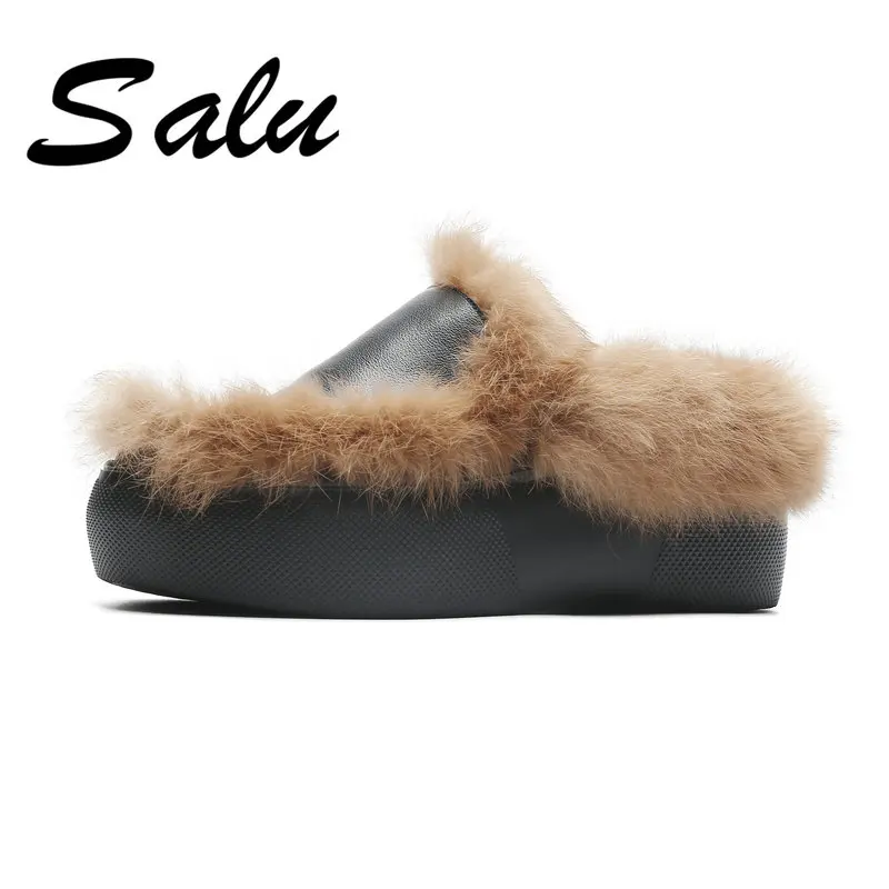 

Salu Winter Boots platform Heel Boots Ladies Ankle Boots Women's Genuine Leather Boots Wool Fur Shoes Size 35-40