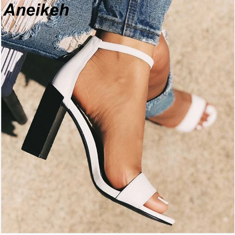 

Aneikeh Fashion 2019 PU Women Sandals Buckle Strap Cover Heel Round Toe Square High Heels Office Ankle Shallow White Size 35-42