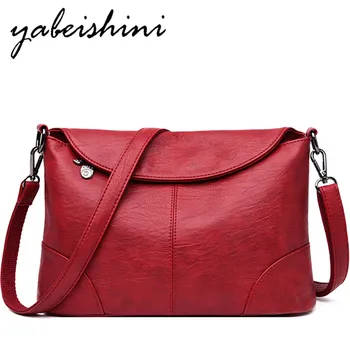 

New women's leather shoulder bags female Folded edge Messenger Bag lady handbag Flap zipper tote Vintage Crossbody bag Red bags