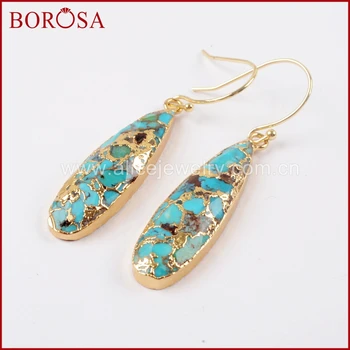 

BOROSA 5Pairs Teardrop Gold Color Natural Copper Turquoises Earrings Natural Blue Stone Drop Earrings Jewelry for Women G1547-E