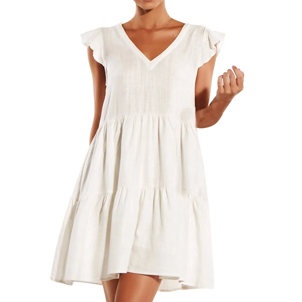 

Summer Dress Women Mini Sexy Ruffled Vacation Vintage Elegant Party Dresses for Ladies Sundress Hippie Beach Jurken white Solid