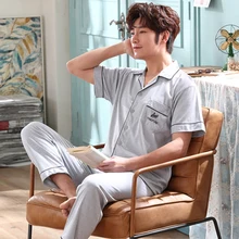 Новые летние мужские пижамы с коротким рукавом длинные брюки мужские хлопковые кардиганы с принтом одежда для сна Мужская домашняя одежда верхняя одежда