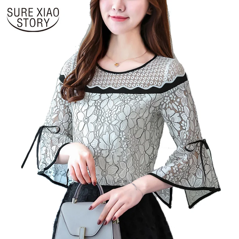 Корейские Топы женская одежда твердый стенд-топы сплайсированные офисные женские кружевные блузки с длинным рукавом рубашки размера плюс Топы 7097 50