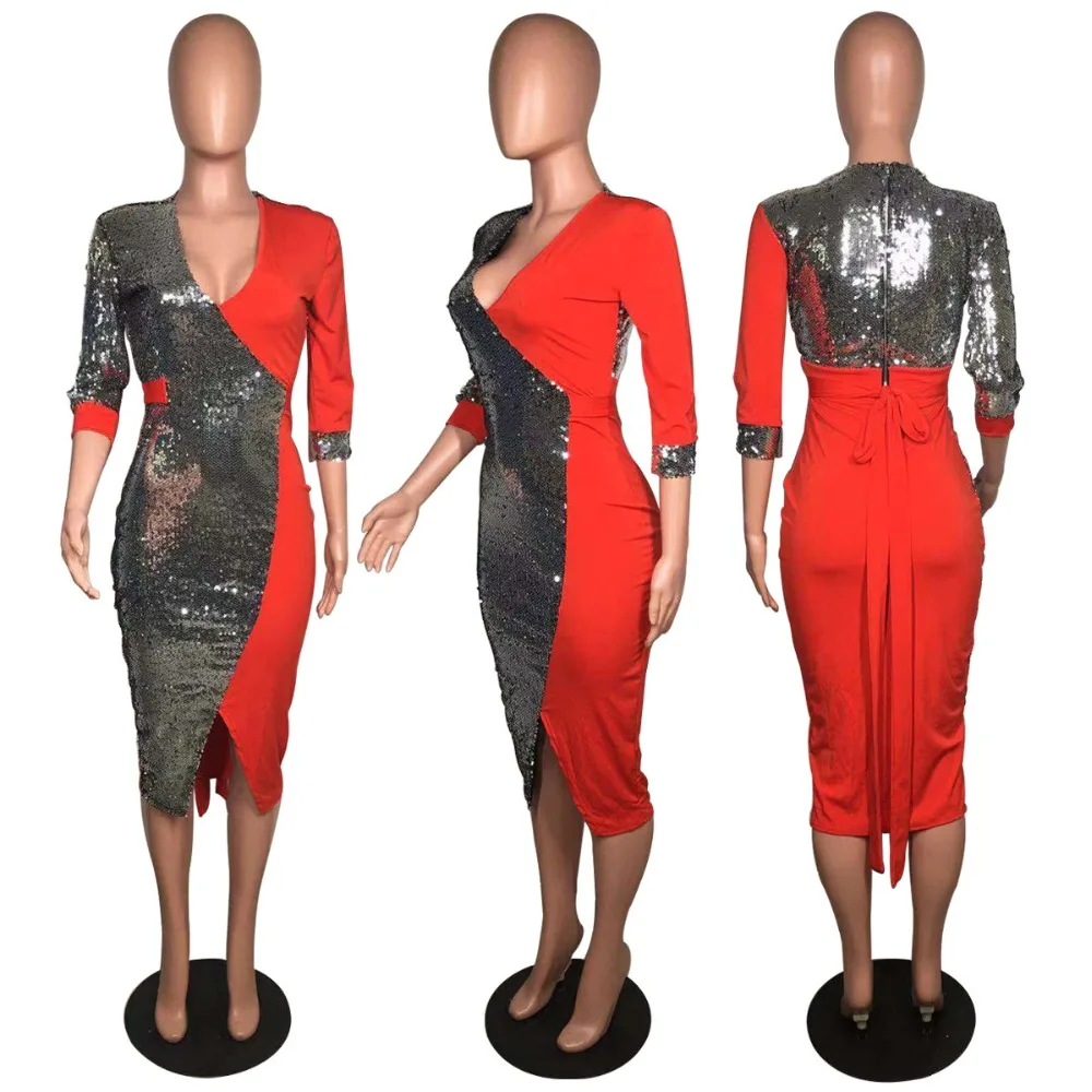 Модные сексуальные рукава блесток Тонкий Bodycon миди платье для женщин Глубокий V