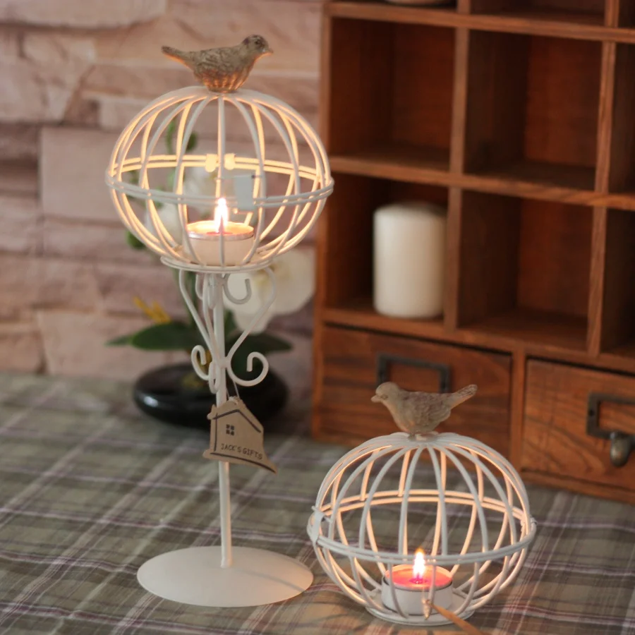 Wedding Decoration Rustic Iron Candle Holder Bird Cage White 2 Pieces