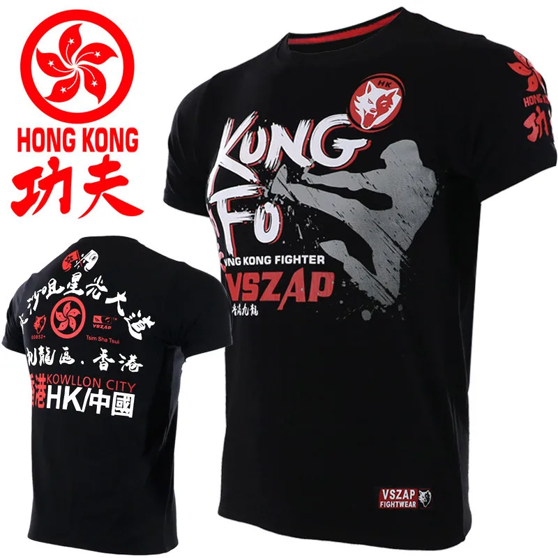 

VSZAP Hong Kong Kung Fu T-shirts Men Fitness Sanda Tee Shirt Homme Muay Thai Sporting Workout MMA Fighting Martial Arts Fight