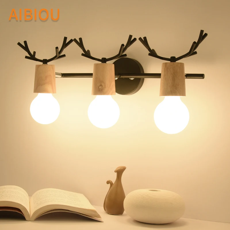 

AIBIOU Creative LED Wall Lights For Living Room Wooden White Wall Sconce Black Hotel E27 Bedside Light Kids Room Lighting