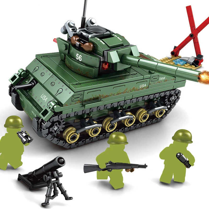 

437PCS Military US M4 Sherman Tanks Building Blocks Compatible Technic Army Soldier Figures Bricks Toys For Children Boys Kids