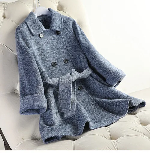 Blue1 Женская шерстяная Верхняя одежда зимняя двухсторонняя шерстяная Верхняя одежда женское тонкое шерстяное пальто средней длины Новое - Цвет: Blue1