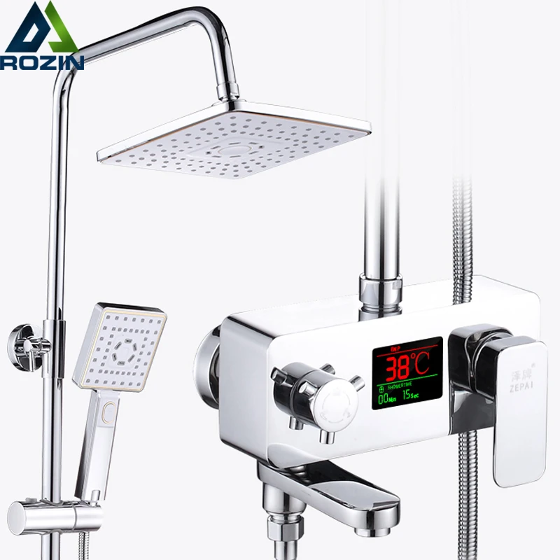 

Temperature Display Shower Faucet 8" Rainfall Chrome Shower Set Wall Mount Swivel Spout Mixer Faucet Intelligent control Valve