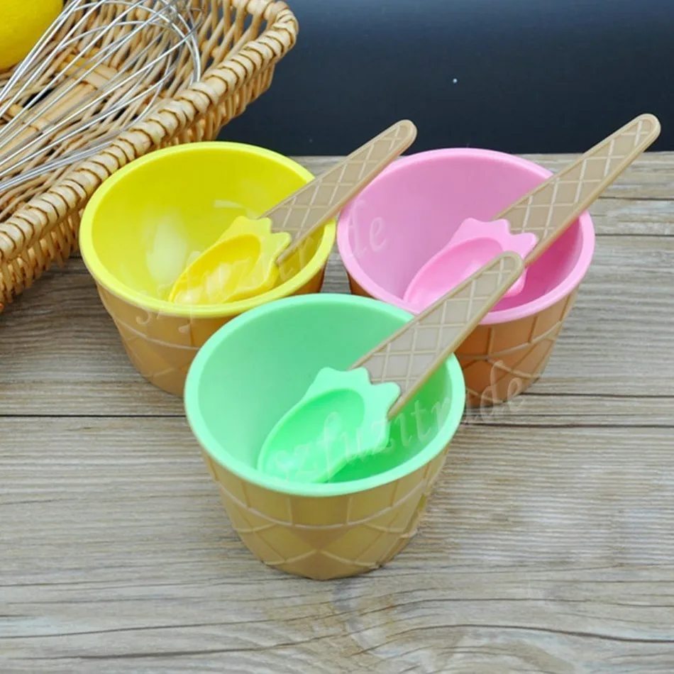 Hot Children's Plastic Ice Cream Bowls Spoons Set Durable ICE Cream CUP