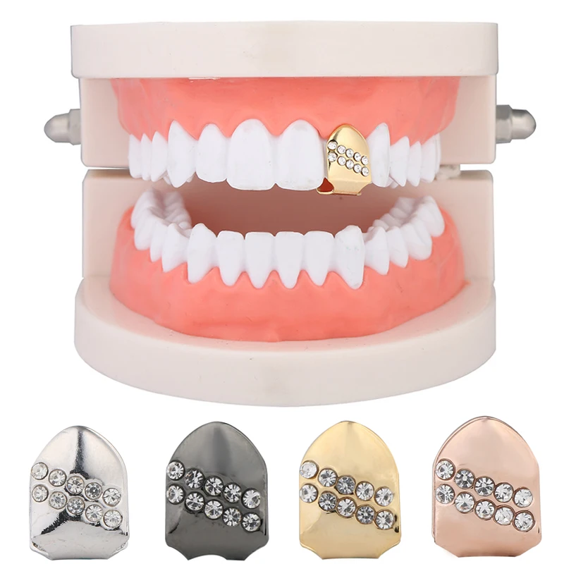 4 цвета CZ Циркон проложенные одиночные зубы Grillz Косплей вечерние