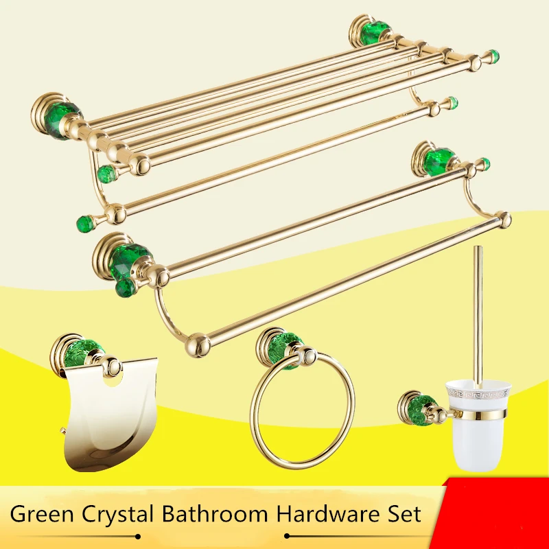 

Brass Towel Bar Bath Shower Basket Gold Green Crystal European Bathroom Hardware Set Toothbrush Holder Metal Soap Dish Ceramic