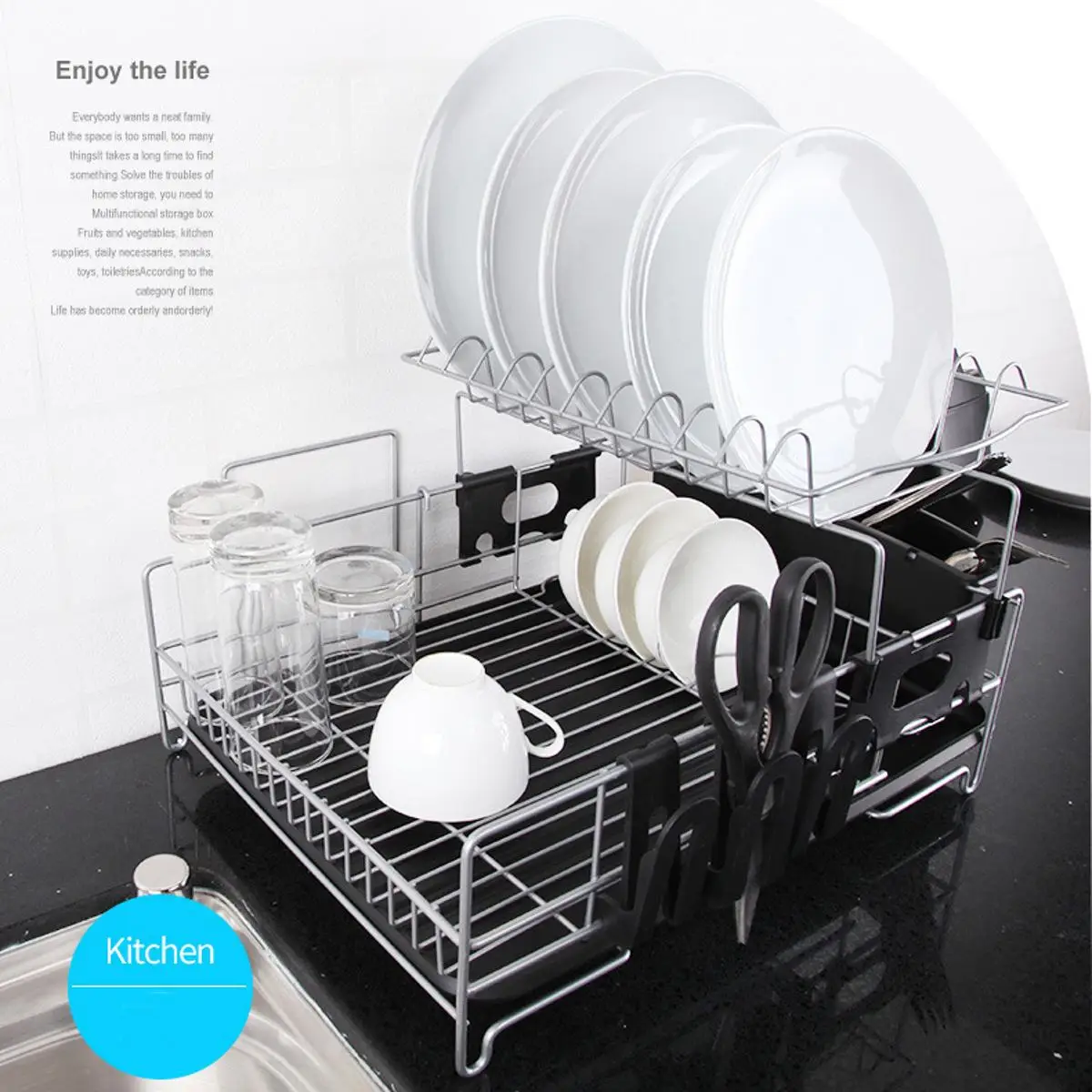 

2 Tier Stainless Steel Dish Drainer Drying Rack Removable Rust Proof Utensil Holder For Kitchen Counter Storage Rack