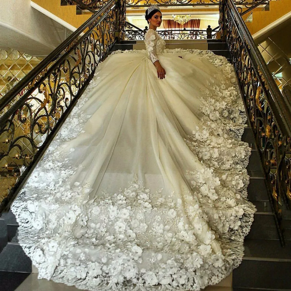 2016-Luxury-Jewel-Appliqued-Beaded-Flowers-Long-Sleeve-Puffy-Chapel-Train-Muslim-Wedding-Dresses-