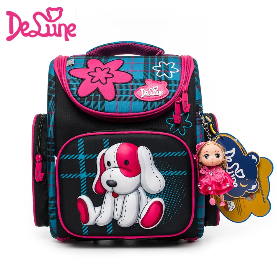 

Russia famous Backpack Delune Orthopedic School Bags girls dog Printing Ultralight Schoolbag Backpack black For Primary children