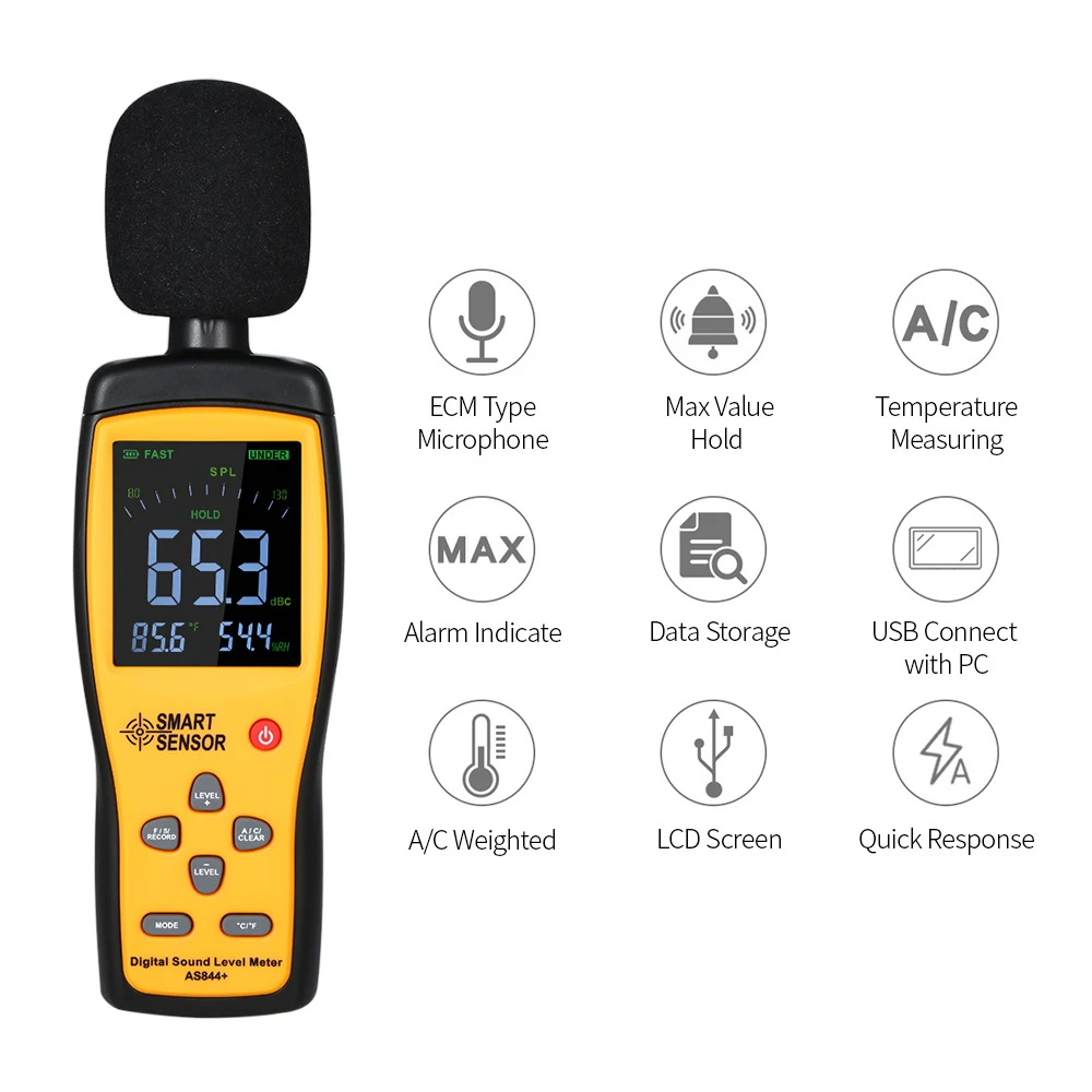 30-130 dB Digital Sound Level Meter Thermometer Hygrometer Noise Volume Tester with USB Connect Computer Data Record Function