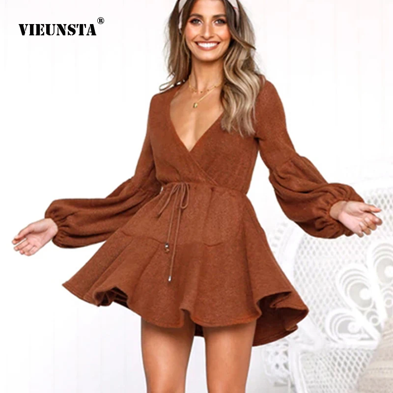 Viensta 2018 Осень-зима женский теплый свитер платья сексуальный v-образный вырез