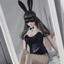 Милый черный сексуальный Сказочный женский костюм кролика горничной для косплея, Эротическое нижнее белье, нарядное боди с открытой промежностью, комбинезон