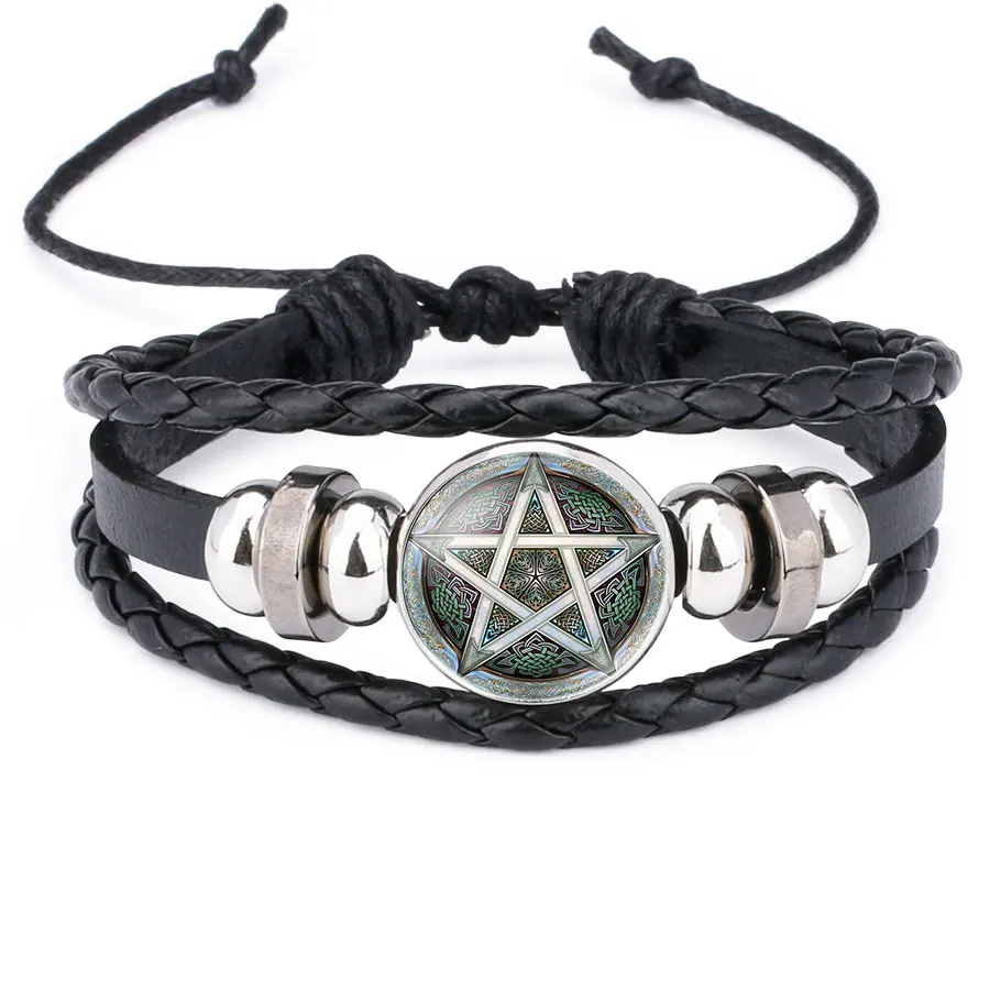 

NingXiang Black Occult The Inverted Star Sign Pentagram Satanic Pentagram Star Symbols Glass Leather Bracelets Men Women Jewelry
