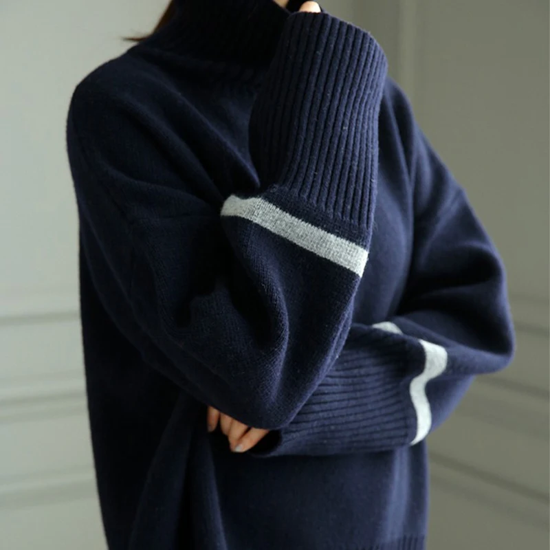 Зимний толстый кашемировый свитер с высоким воротником, женский свободный свитер контрастного цвета, свободный шерстяной свитер с коротким рукавом