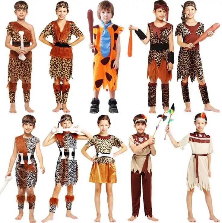 

Children Leopard Print Indian Wildman Cosplay Costume Kids Savage Performance Costumes Carnival Party Dress Decor Halloween