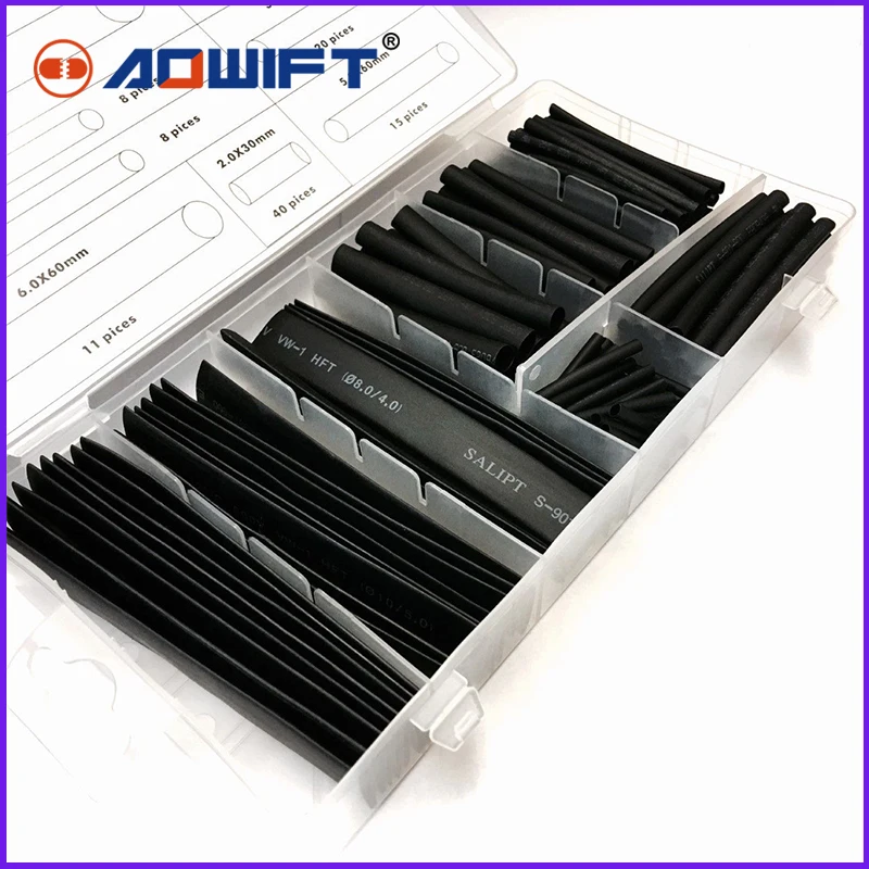 

150pcs with Box Polyolefin Black Heat Shrink Tubing Tube Sleeving Wire Electrical Insulation Cable Kit 8 Sizes 2-13mm krimpkous