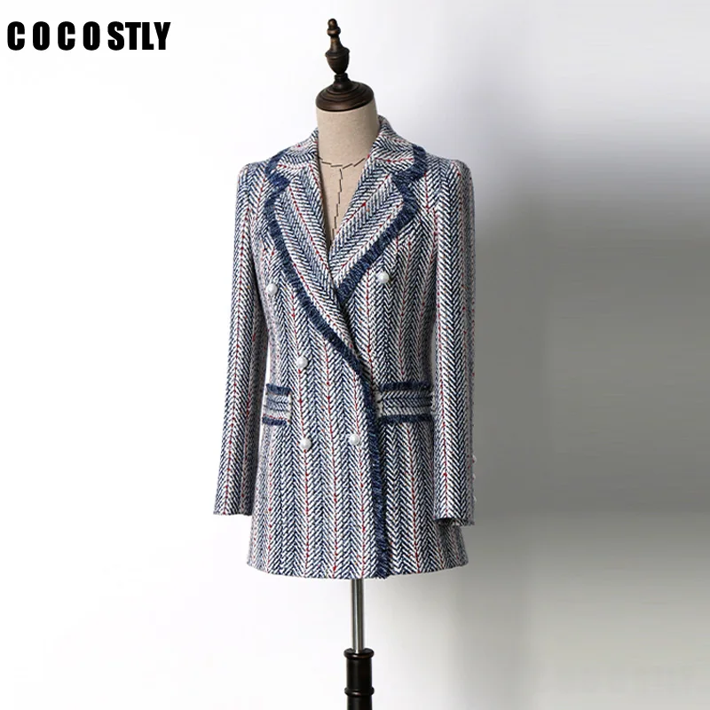 

autumn jackets women coat elegant heavy tweed jacket V-neck chains tassel pockets pearls button work wear formal outerwear
