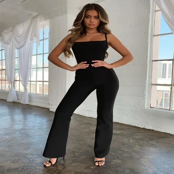 

2019 Fashion Sexy Women Bandage Jumpsuit Hollow Out Solid Backless Spaghetti Strap Bodycon Party Jumpsuits Black White Wholesale