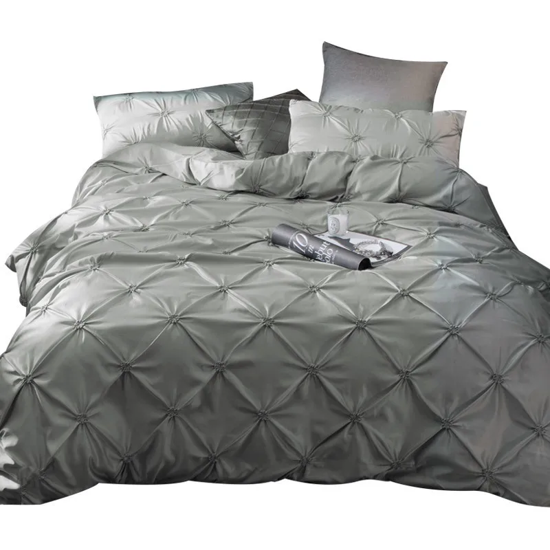 Soft Gray Pinch Pleat Design Duvet Cover Set Corner Ties Cotton