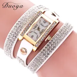 Duoya бренд Роскошный бриллиантовый браслет Для женщин Часы длинный кожаный кварцевые часы модные золотые Часы час Relogio feminino