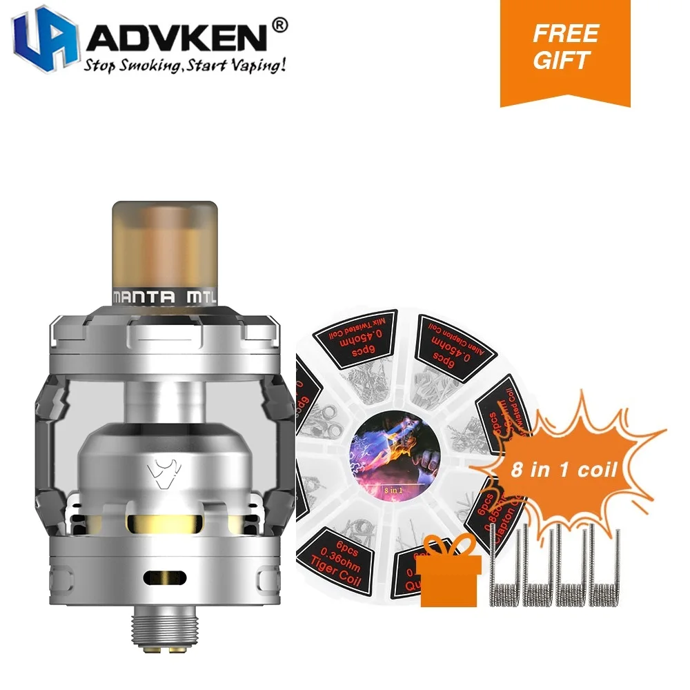 

Original Advken MANTA MTL RTA Tank w/ Free Gift DIY Coil 3ml Atomizer 24mm Single Coil Building RTA Side-air Intake Vs MTL Tank