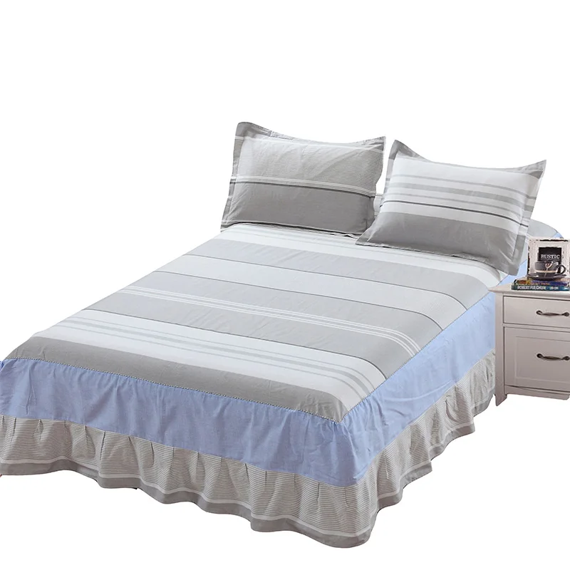 

Simple Light Gray Stripe Pattern 100% Cotton Flower Edge Bed Skirt Set Pillowcase For 180x200cm Queen Full Size Bedding Sets 3Pc