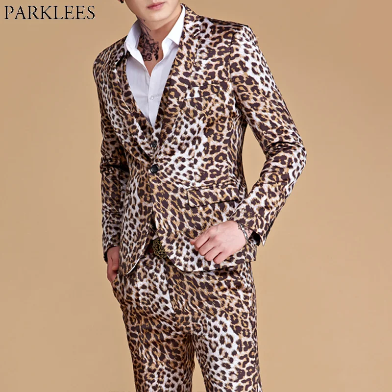 (Jassen + Broek) mens Leopard Print Suit Casual Slim Fit One Button 2 Delige Set Pakken Bruiloft Zanger Dj Podium Plus Kostuums Homme