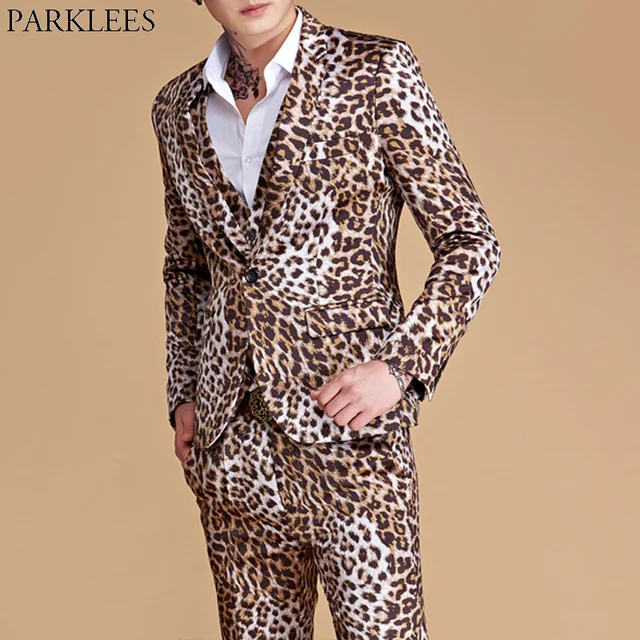 (Jackets+Pants) Mens Leopard Print Suit Casual Slim Fit One Button 2
