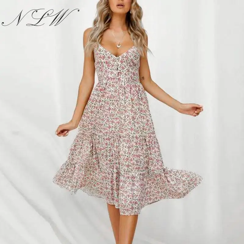 

NLW Bohemian Summer Dress Women Floral Print Female Dresses 2019 Beach Ruffle Midi Dress Casual Pleated Sundress