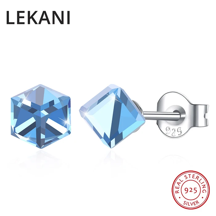 Кристаллы LEKANI от Swarovski, S925 Серебряные квадратные серьги-гвоздики, хорошее ювелирное изделие для женщин, девушек, мини, для ежедневного пирсинга, разноцветные бусы - Цвет камня: Aquamarine